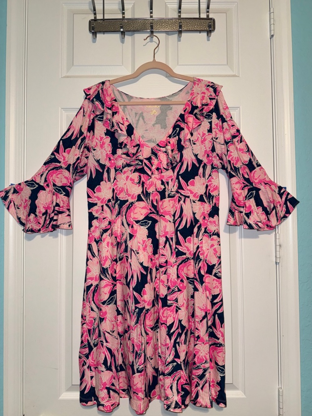 Lilly Pulitzer Pink Floral Ruffle Midi Dress on Navy